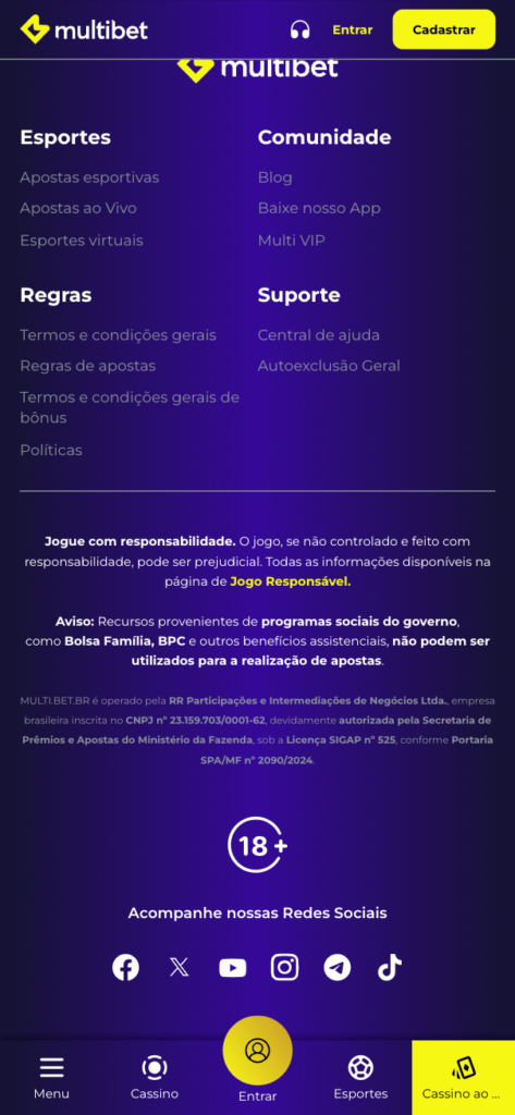 captura de tela com informações sobre a marca Multibet