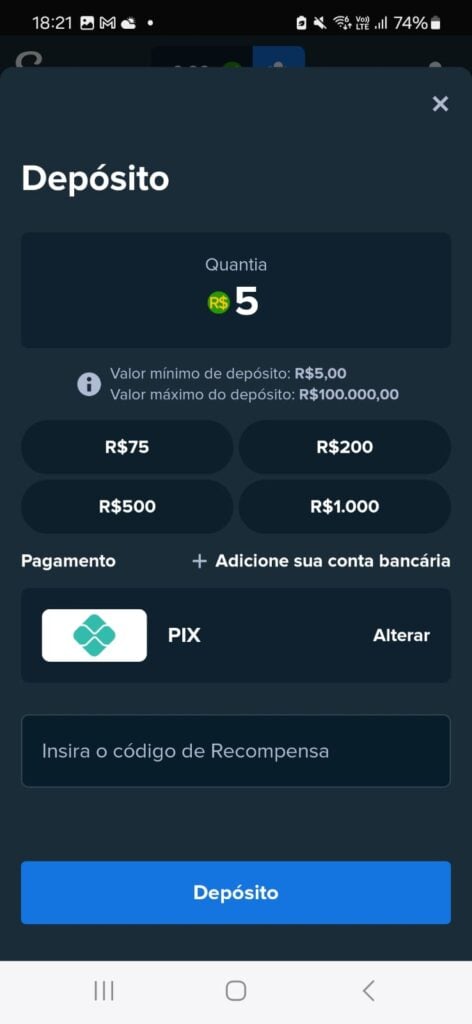 captura de tela de como depositar no app Stake