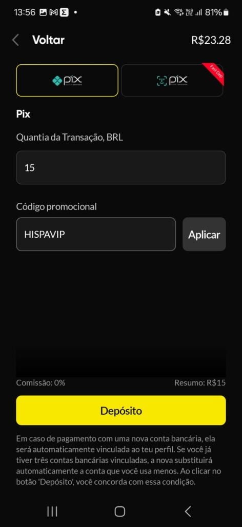 captura de tela do depósito no app BetBoom