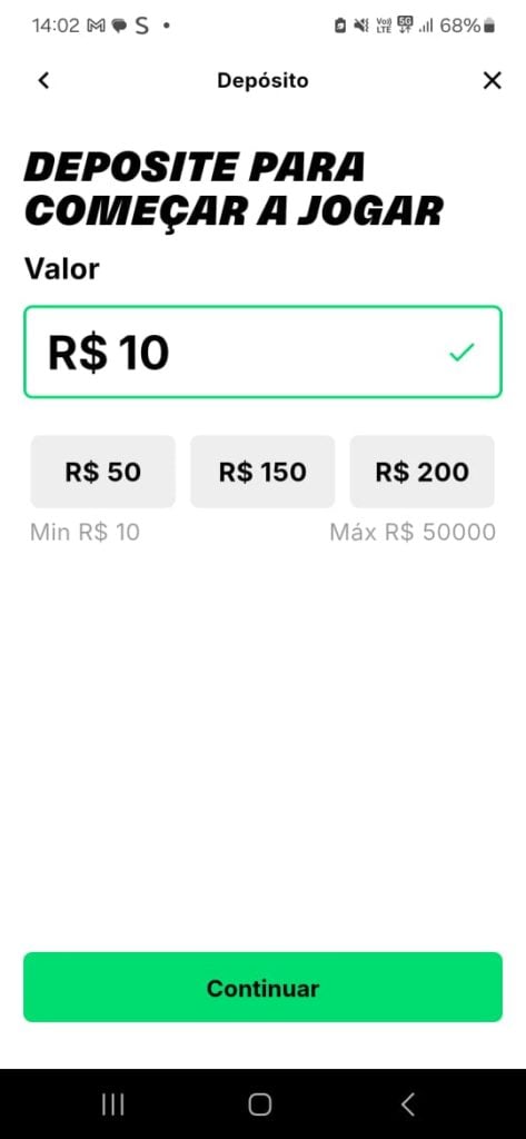 captura de tela do depósito de R$10 na KTO