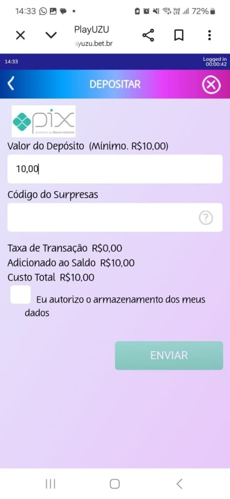 captura de tela de um depósito realizado na PlayUZU