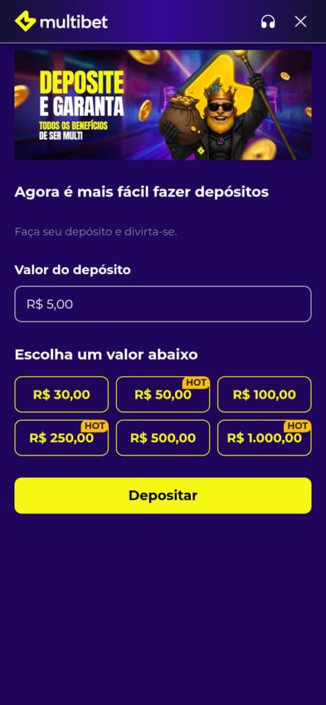 captura de tela mostrando como depositar no app multibet