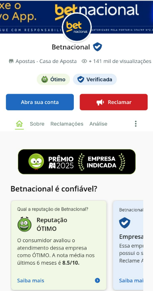 captura de tela do perfil da Betnacional no Reclame Aqui