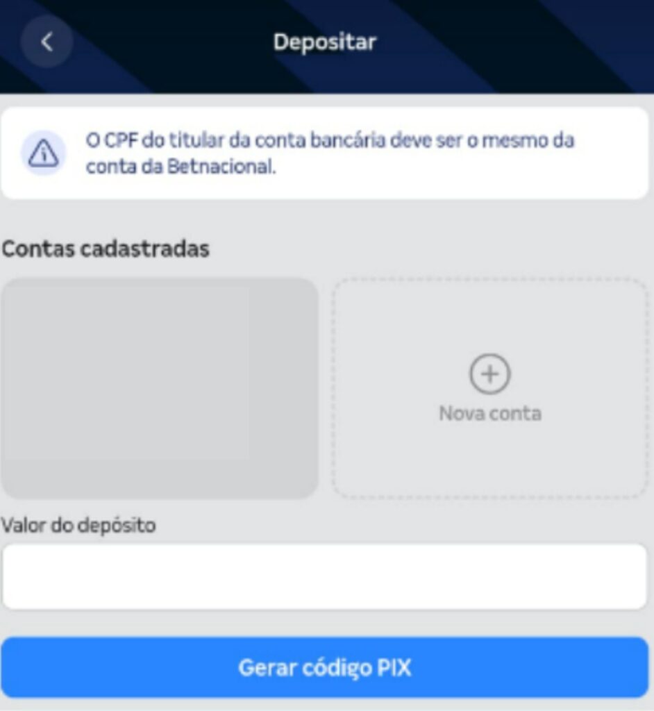 captura de tela do processo de depósito na Betnacional