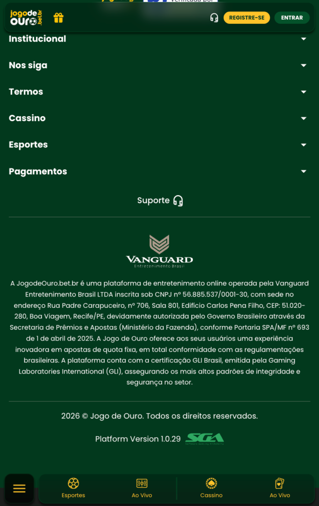 captura de tela das informações sobre a Jogo de Ouro Bet