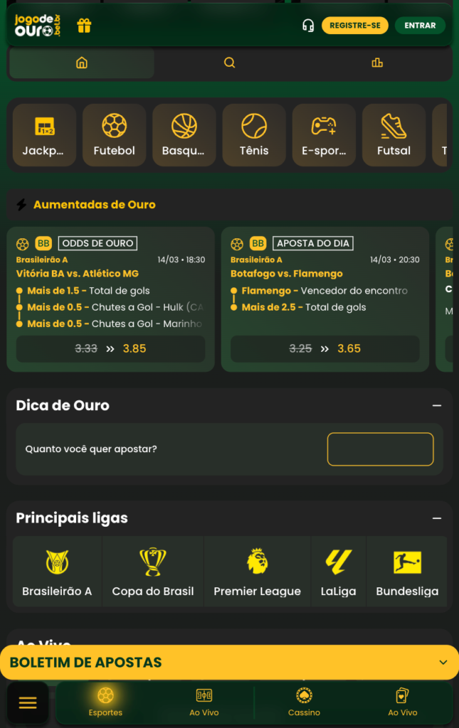 captura de tela das odds aumentadas na Jogo de Ouro
