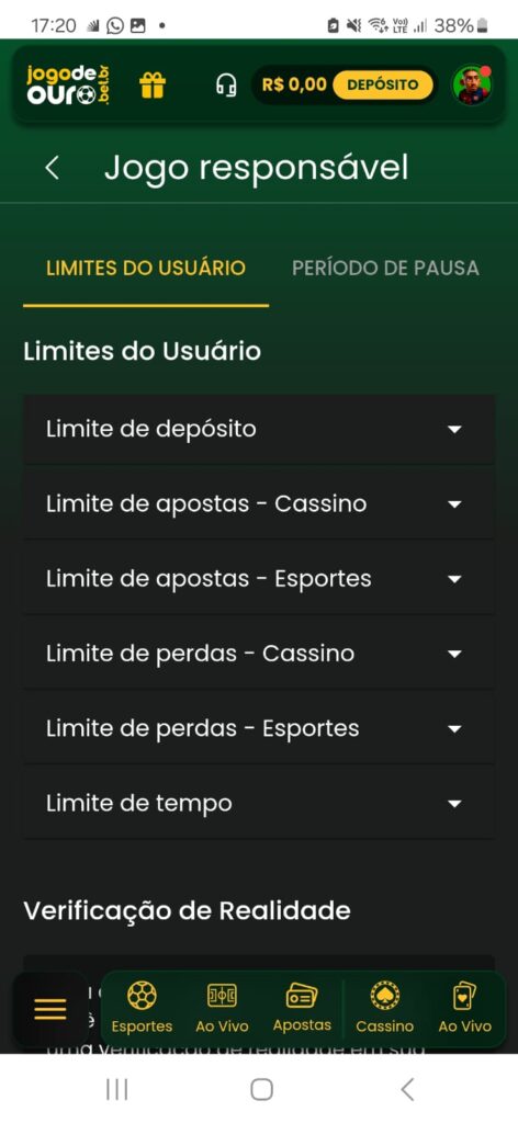 captura de tela das ferramentas de jogo responsável da Jogo de Ouro Bet