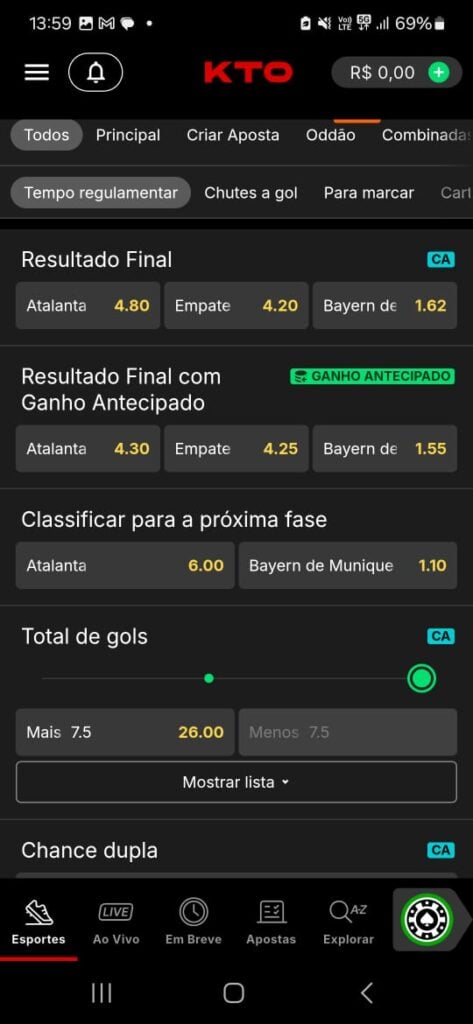 captura de tela do app KTO mostrando as opções de Ganho Antecipado e Combinar Aposta