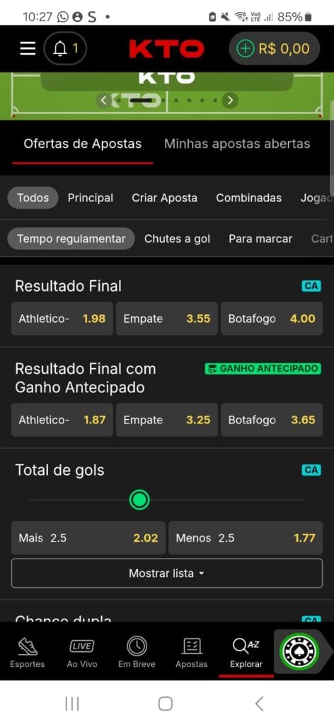 captura de tela do ganho antecipado KTO
