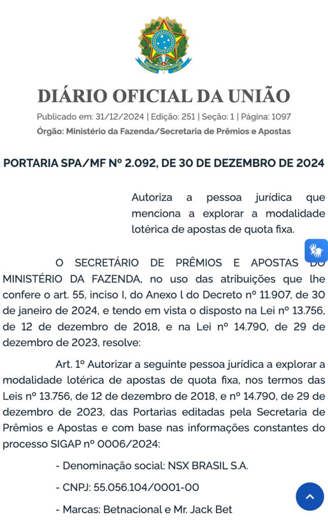 captura de tela da licença da Betnacional