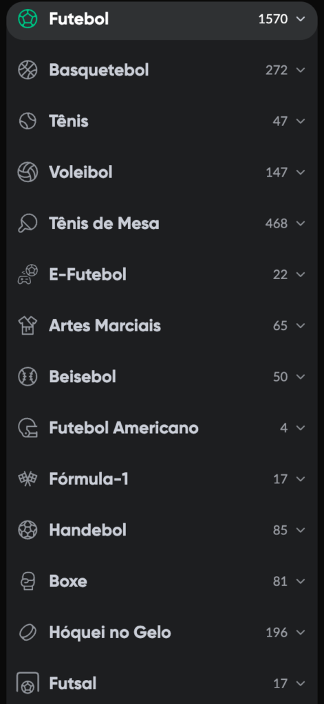 captura de tela das modalidades esportivas na BetBoom
