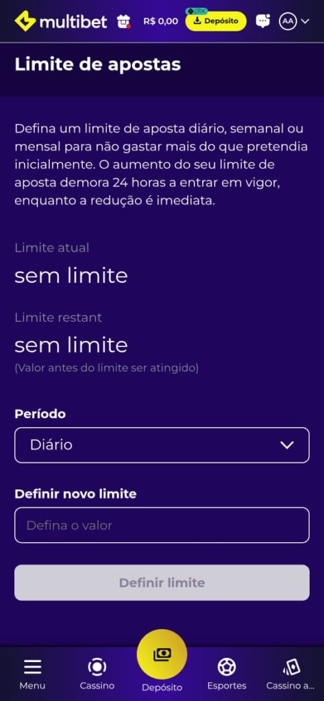 captura de tela das ferramentas de jogo responsável da Multibet