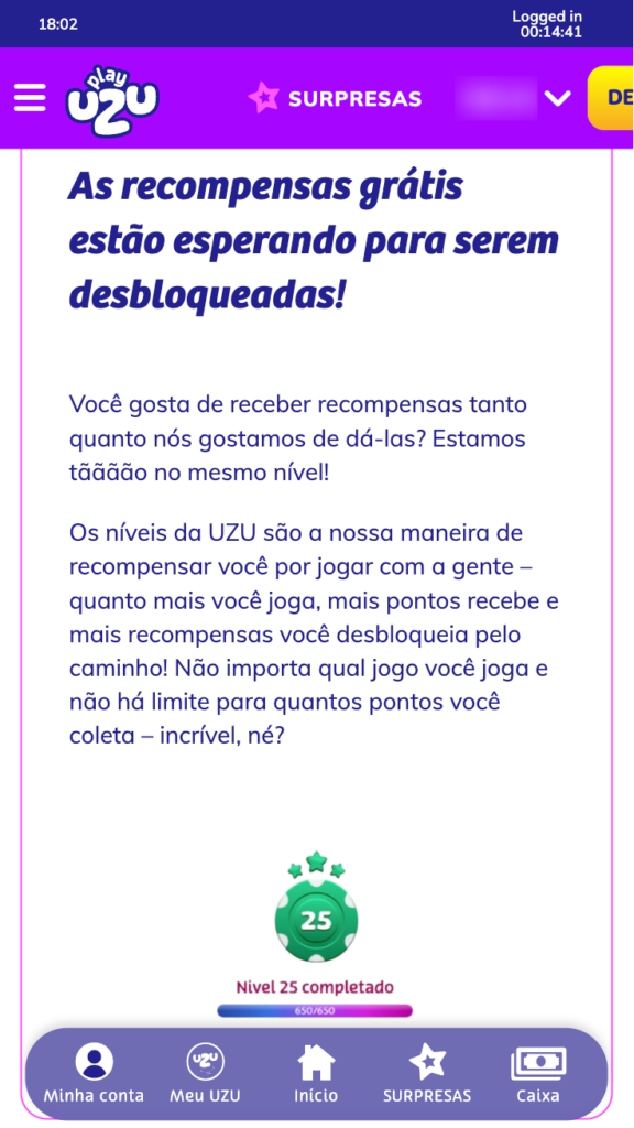 Níveis da UZU - Programa de fidelidade da PlayUZU (captura de tela do funcionamento)