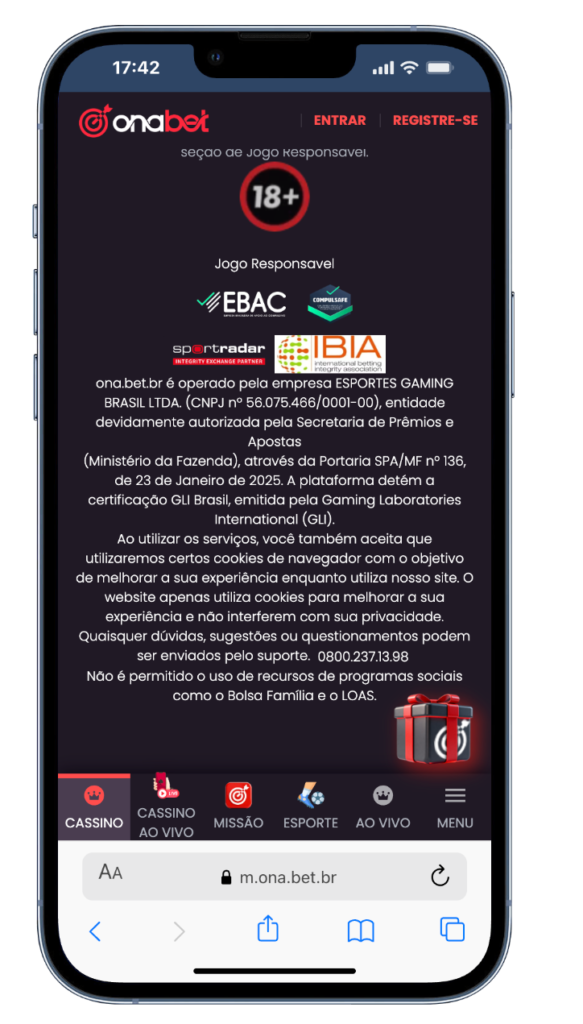 captura de tela das informações da empresa Onabet