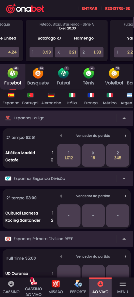 captura de tela das odds Onabet