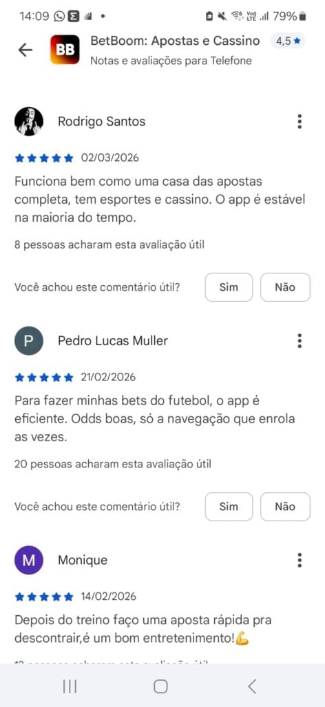 captura de tela das opiniões do app BetBoom