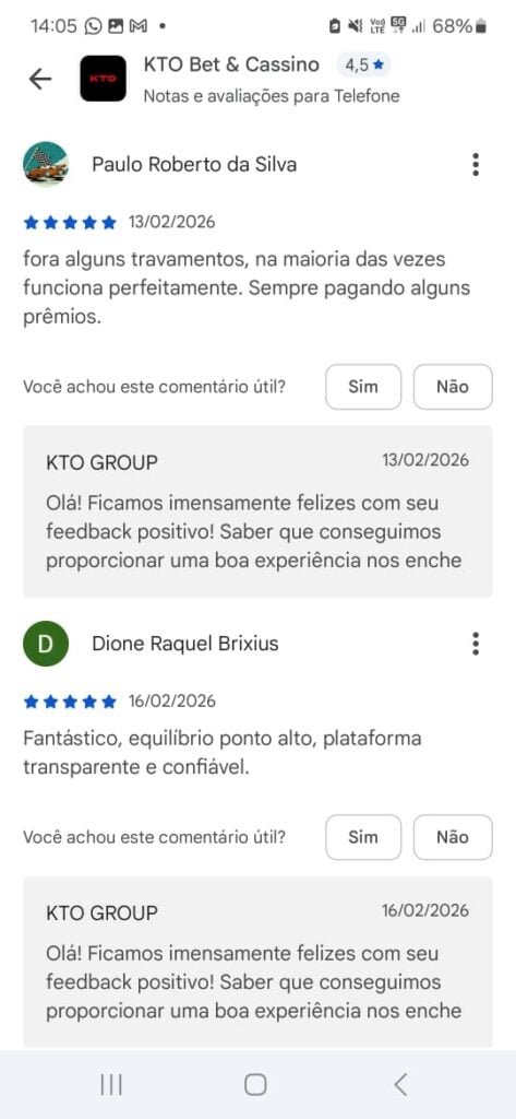 captura de tela das opiniões dos usuários na Play Store sobre o app KTO