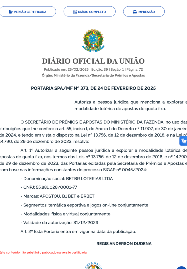 captura de tela da Portaria que autoriza o funcionamento da BRBET