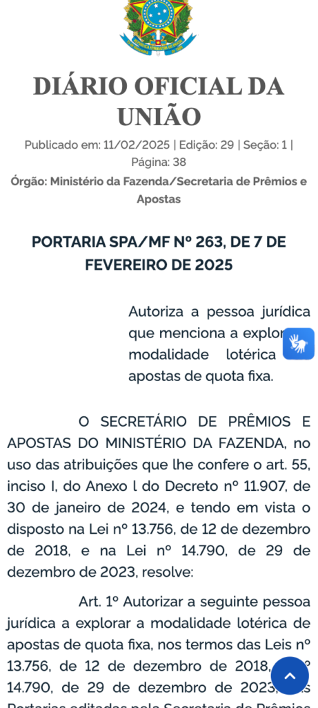 captura de tela da portaria que autorizou a Stake, provando que a Stake é confiável e legal no Brasil