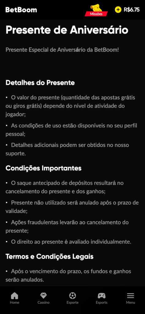 captura de tela do bônus de aniversário da BetBoom