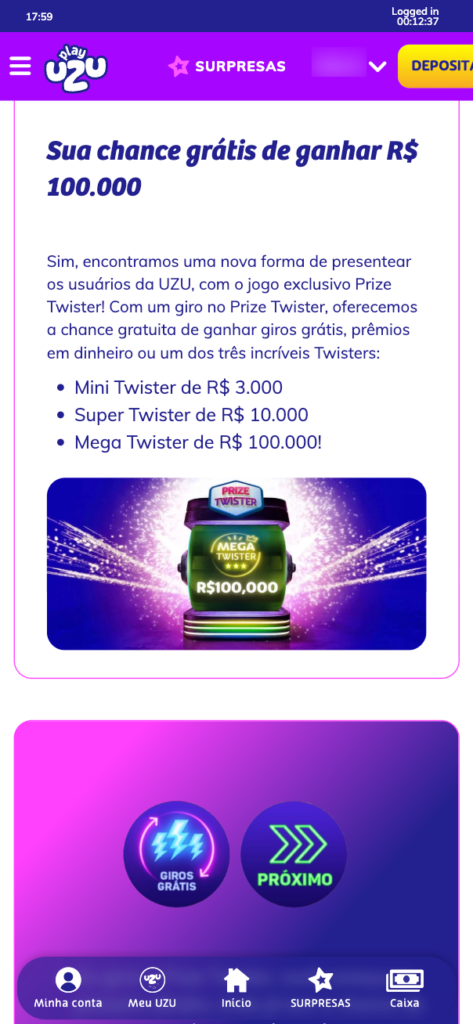 captura de tela do funcionamento do Prize Twister da PlayUZU