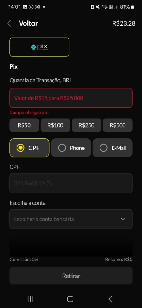 captura de tela do saque no app betboom