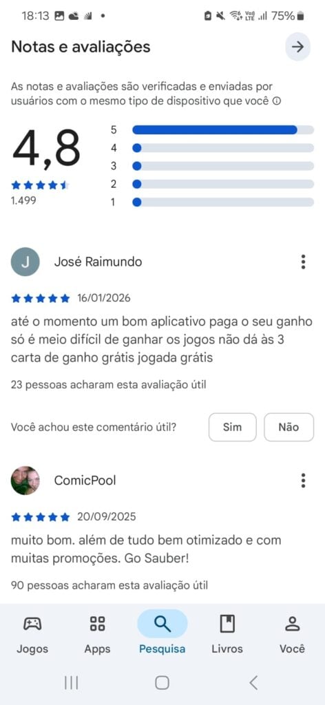 captura de tela da opinião dos usuários do app Stake na Play Store