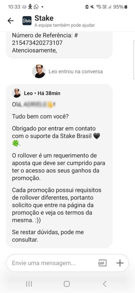captura de tela do chat ao vivo na Stake Brasil