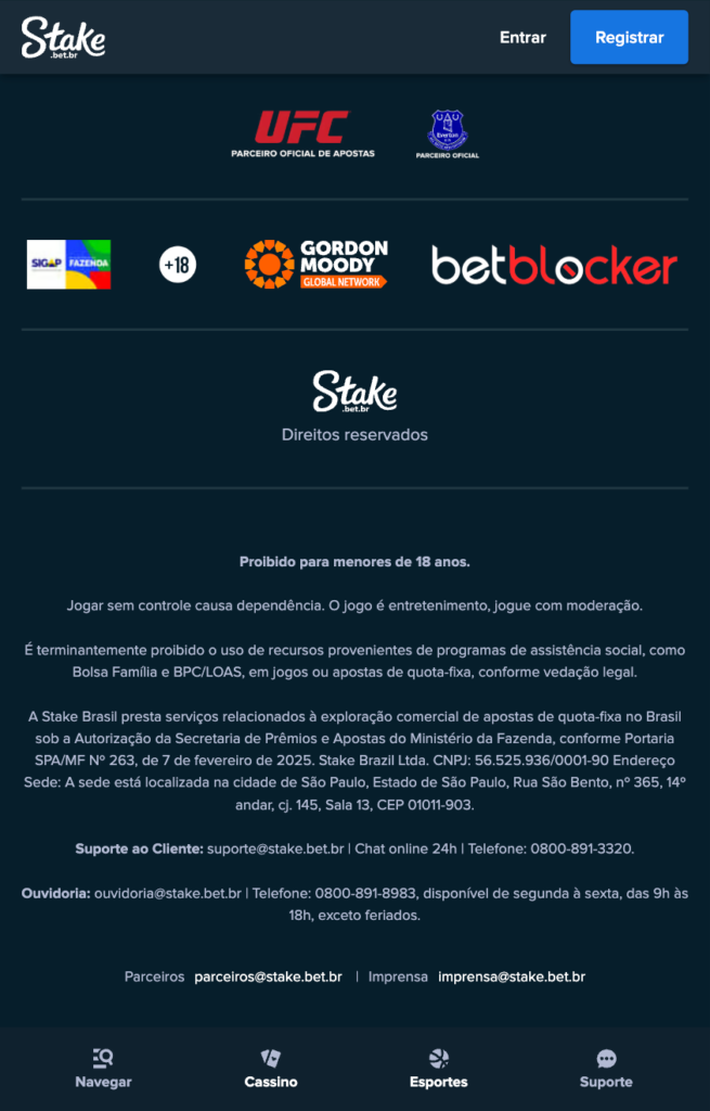 captura de tela com as informações da licença e CNPJ da Stake Brasil