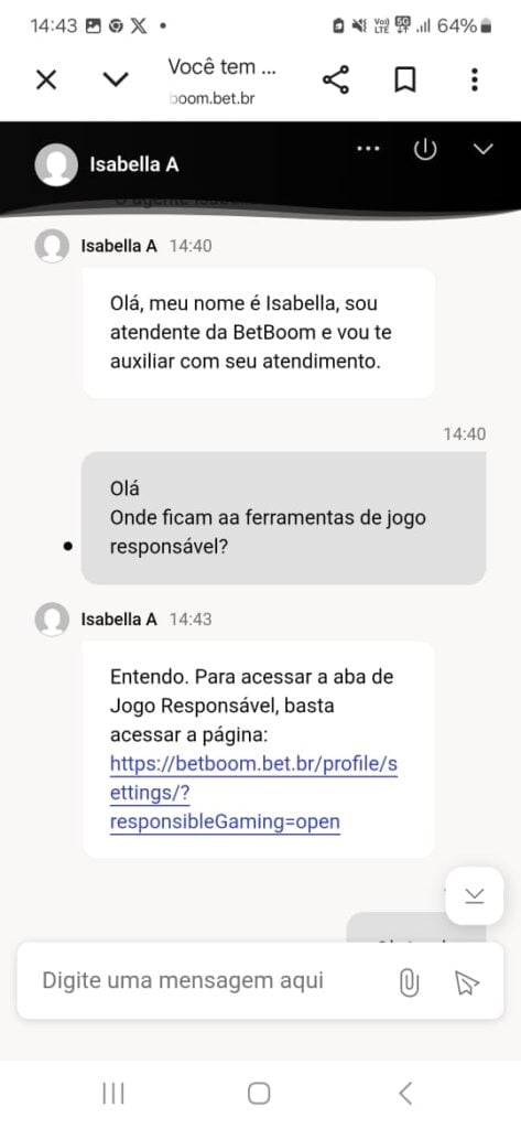 captura de tela do chat ao vivo da BetBoom