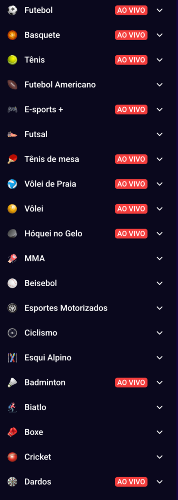 captura de tela mostrando a variedade de esportes na Multibet