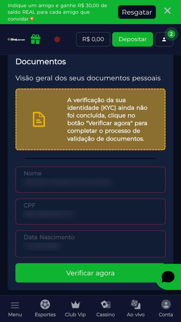 captura de tela de como verificar a conta na br4bet