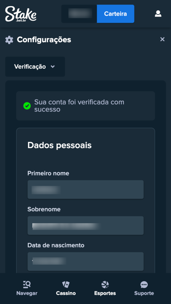 captura de tela do processo de verificação de conta na Stake