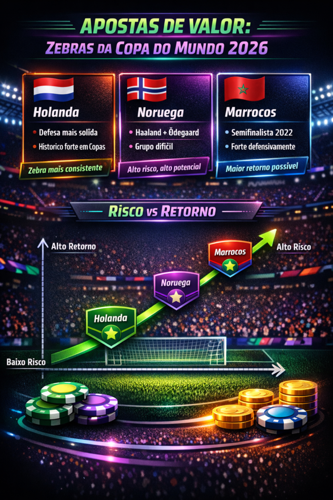 infográfico com as zebras que oferecem maior valor para apostas na Copa do Mundo 2026