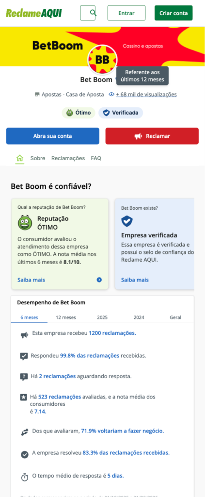 captura de tela da página da BetBoom no reclame aqui