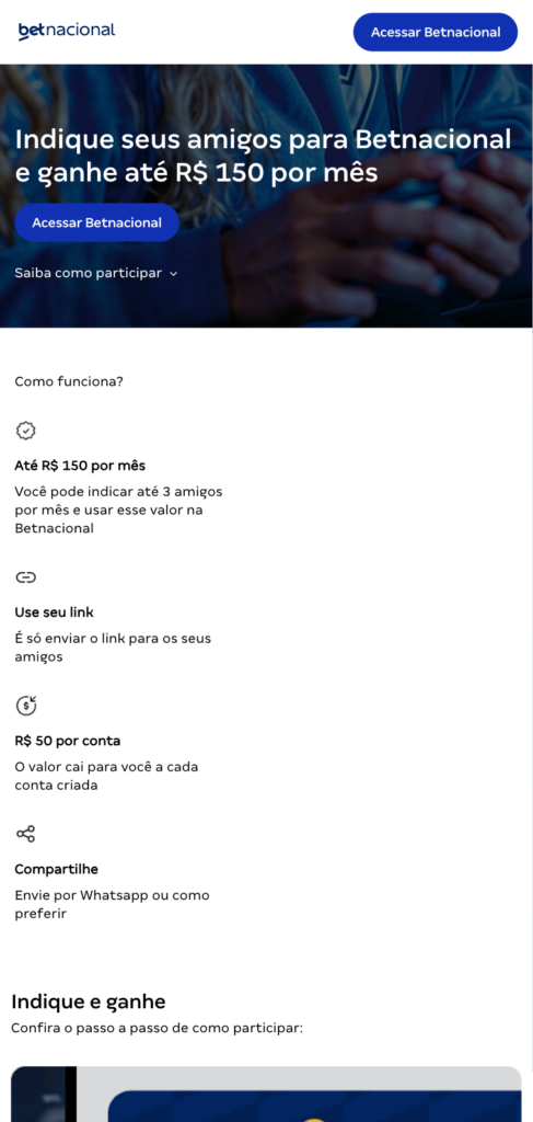 captura de tela do programa Indique e Ganhe da Betnacional