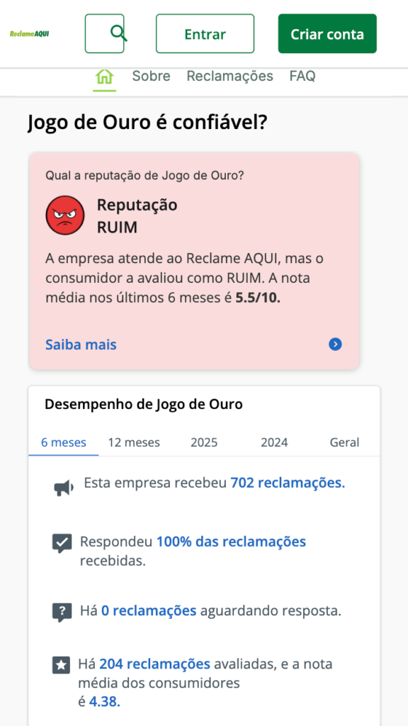 captura de tela do Reclame Aqui da Jogo de Ouro