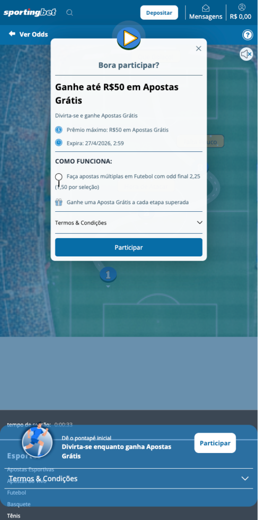 captura de tela das apostas grátis Sportingbet