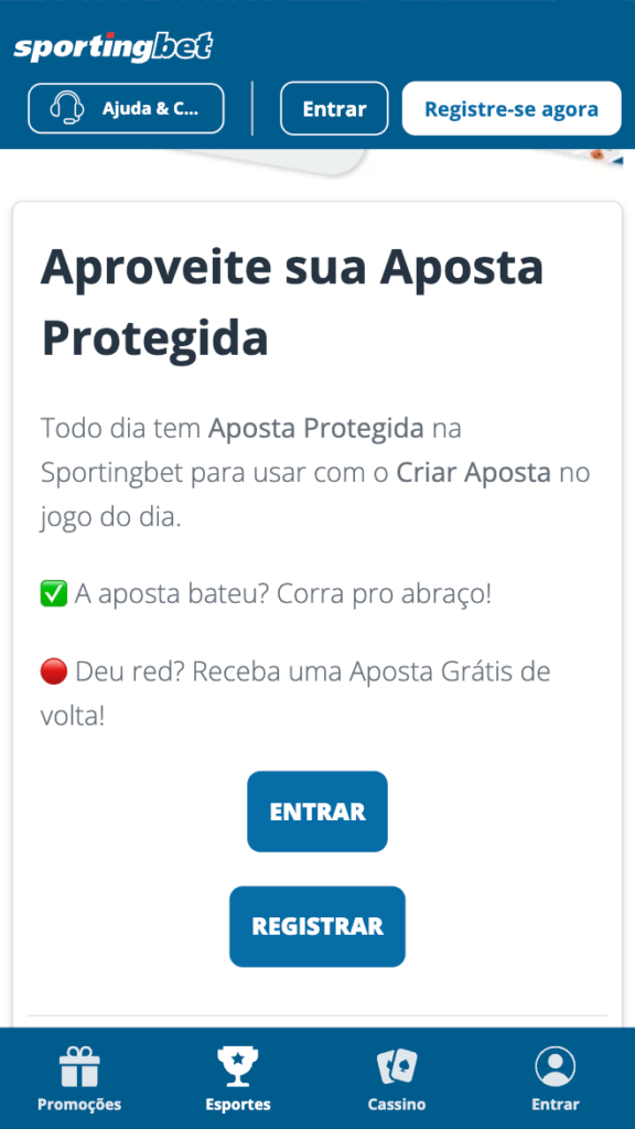 captura de tela das apostas grátis na Sportingbet