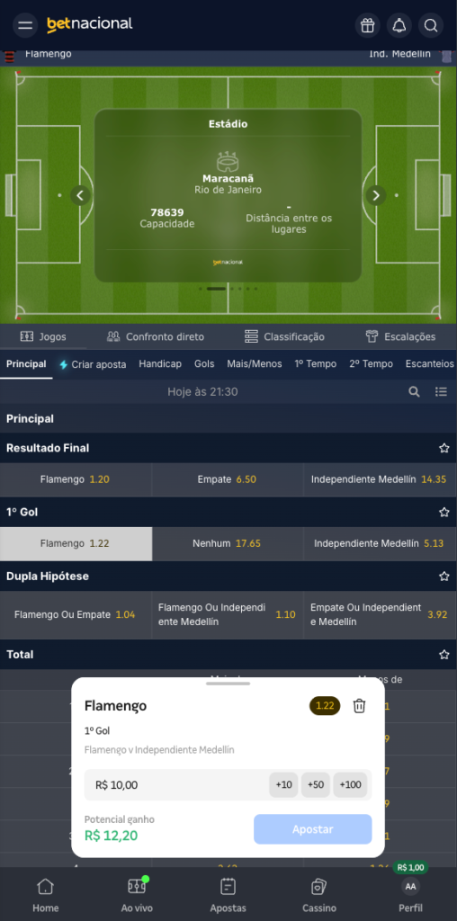 captura de tela da aposta pré-jogo na Betnacional