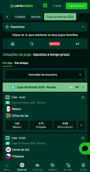 captura de tela das apostas na copa do mundo na Lotogreen