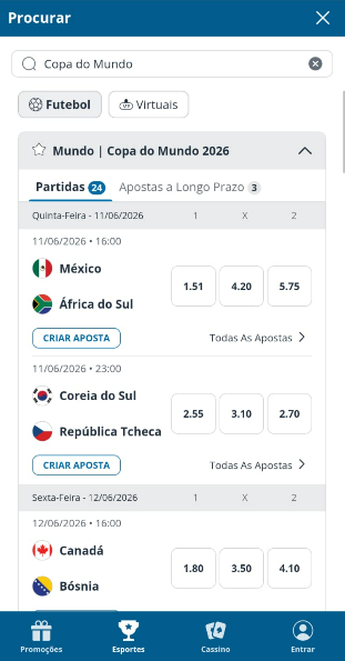 captura de tela da Sportingbet com mercados para a Copa do Mundo