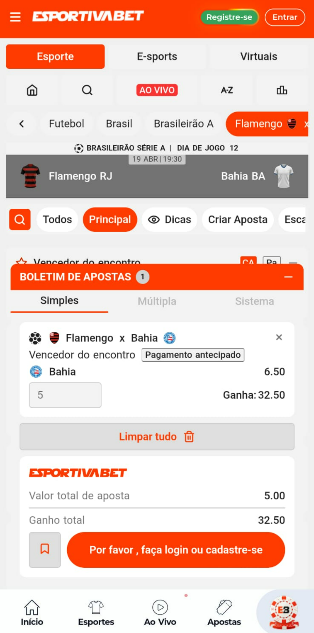 Imagem da tela do boletim de apostas no app Esportiva Bet