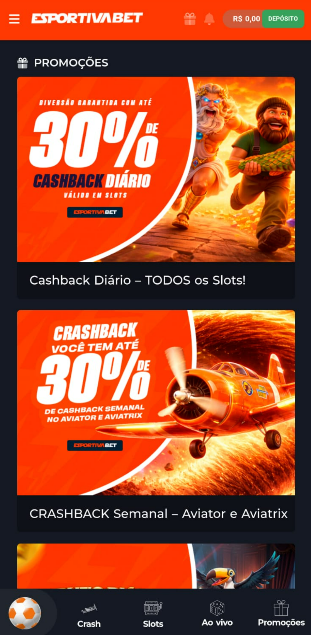 Imagem da tela da oferta de cashback no app Esportiva Bet