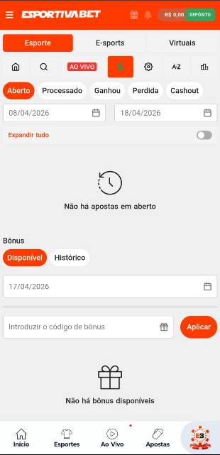 Imagem da tela do histórico de apostas no app Esportiva Bet