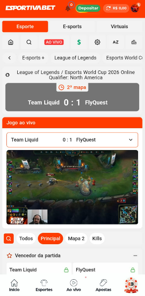 Imagem da tela de transmissão ao vivo no app Esportiva Bet