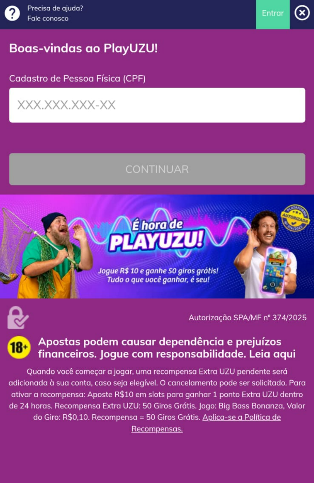 Tela do app da PlayUZU para cadastro