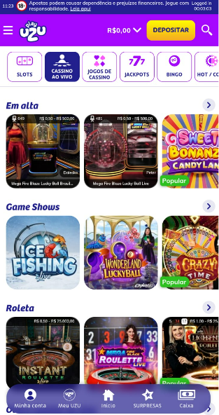 Tela do cassino ao vivo e jogos do app da PlayUZU