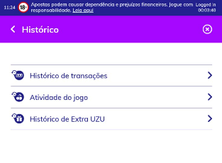 Tela de histórico de apostas no app da PlayUZU