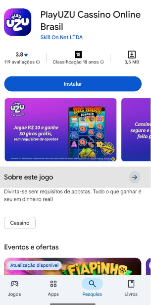 Tela para baixar o app PlayUZU na Play Store